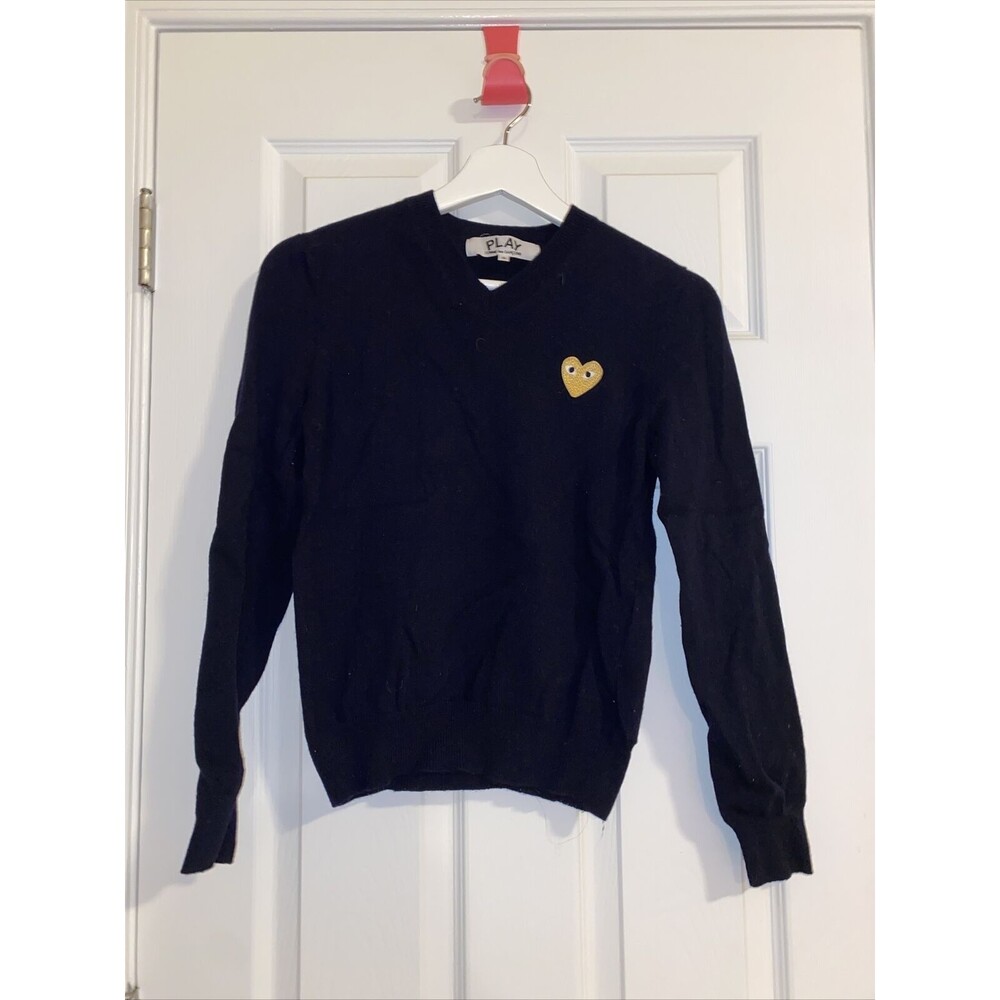 Comme des Garcons PLAY Black V-Neck Sweater with Yellow Heart Patch